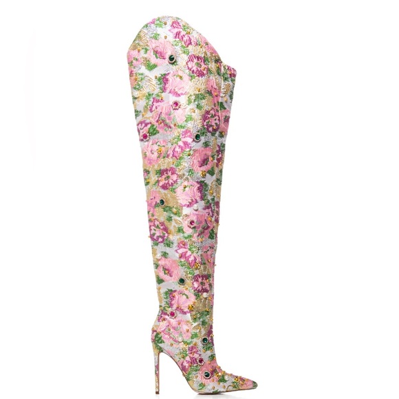 NWT. Azalea Wang Artistes Brocade Embellished “Over the Knee” Boots In Pink. - Picture 2 of 5